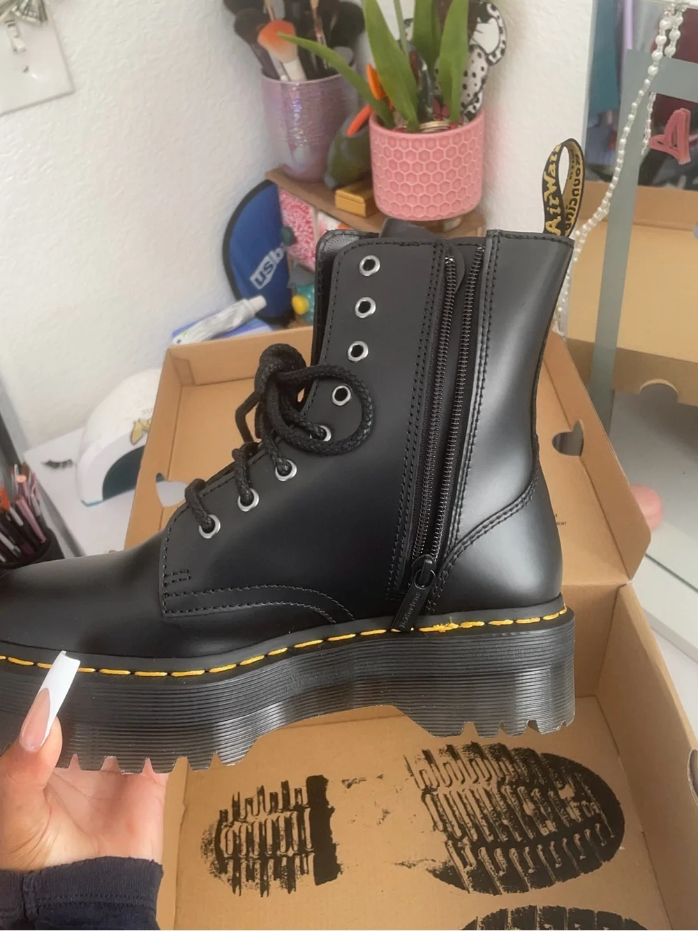 Dr. Martens Black Platform Combat Boots with Yellow Stitching